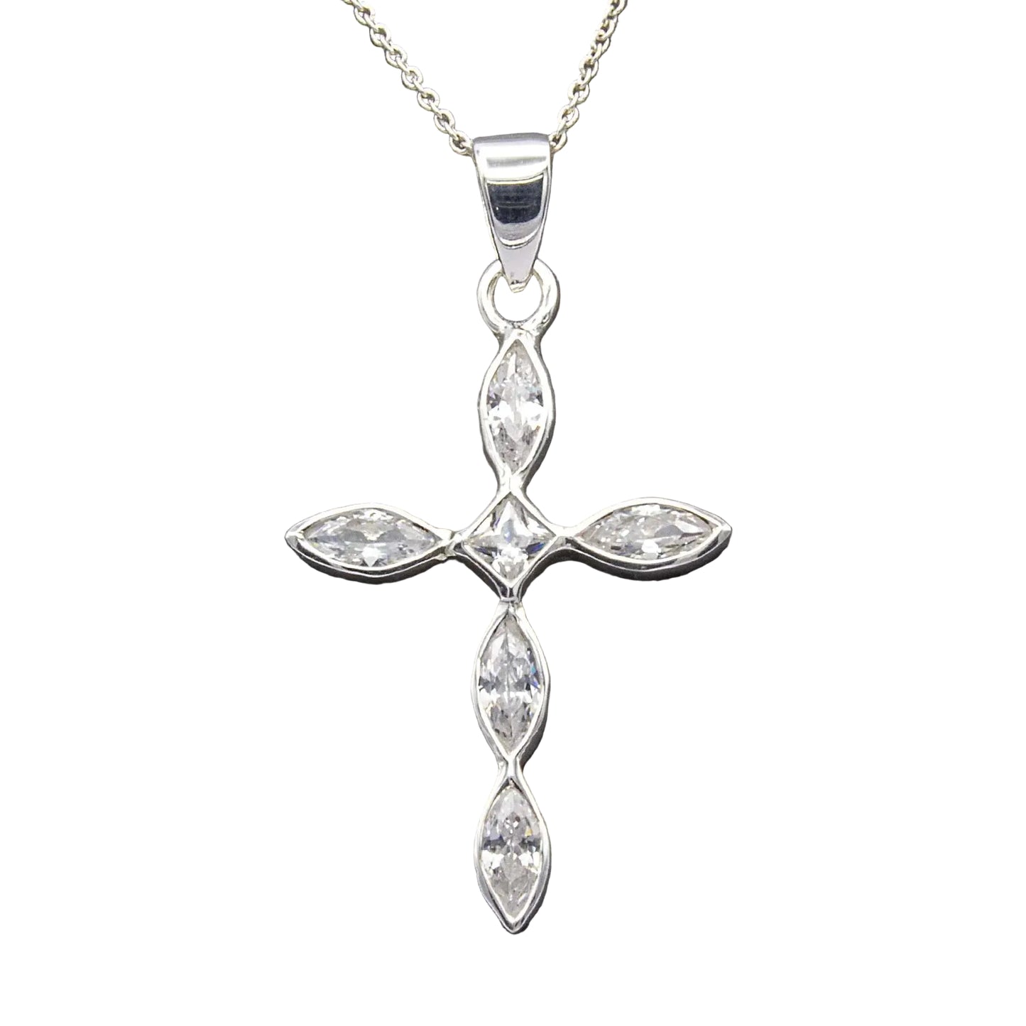 Silver Cross Pendant with Marquise-Cut Stones – Sterling Silver