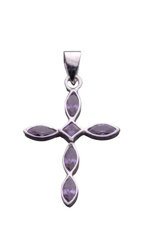 Silver Cross Pendant with Purple Marquise-Cut Stones – Sterling Silver