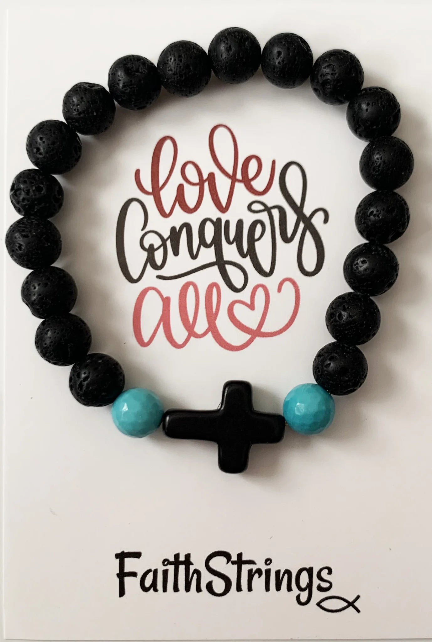 Lava Bead Bracelet with Cross & Turquoise Beads