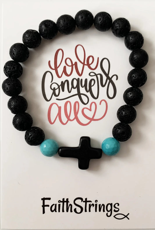 Lava Bead Bracelet with Cross & Turquoise Beads