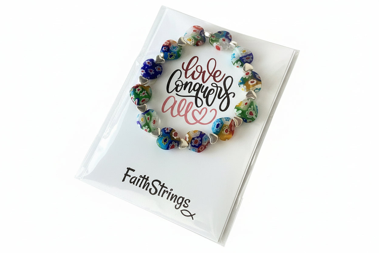 Millefiori Glass Bead Bracelet with Heart Details