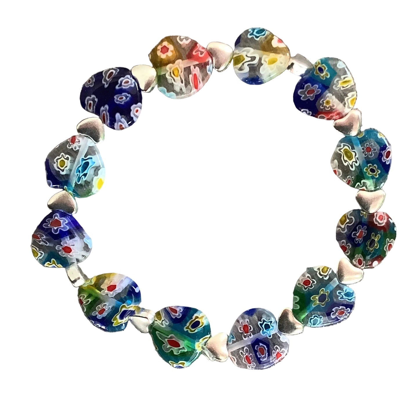 Millefiori Glass Bead Bracelet with Heart Details