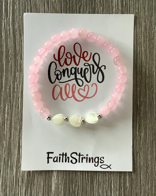 Pink Bead & Shell Heart Bracelet with Prayer Card
